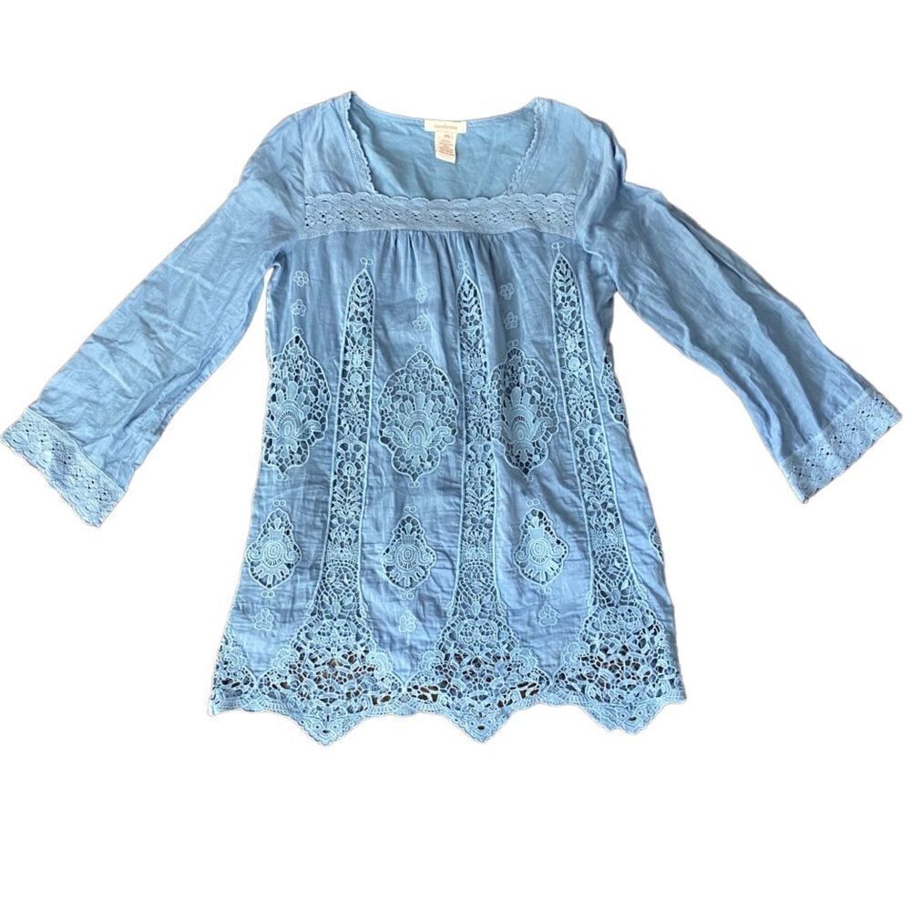 Sundance Tunic Blouse Embroidered Lace Silk Blend PS Blue